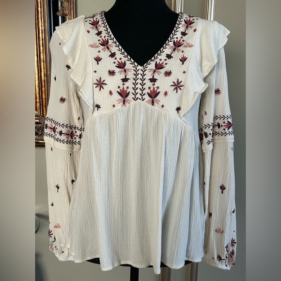 Knox Rose Cream Embroidered Ruffle Long Sleeve Boho Top Size XS - Picture 2 of 4